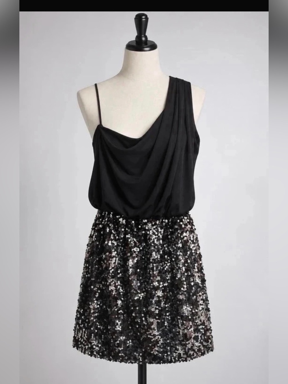 Black One-Shoulder Sequin Hem Dress